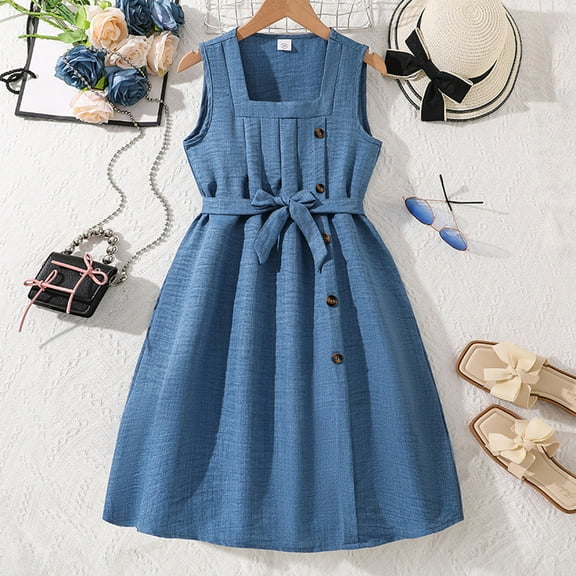 July 4Th Girls Dresses Size 14-16 Party Dress Teen Girls Sleeveless Solid Color Dresses Square Neck A Line Casual Fashion Knee High Dress