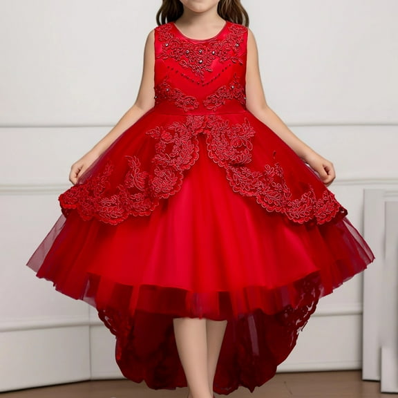Phcqqok July 4Th Girls Holiday Dress Size 6-7 Children's Solid Color Lace Sleeveless Knee Length Wedding Dress Dress
