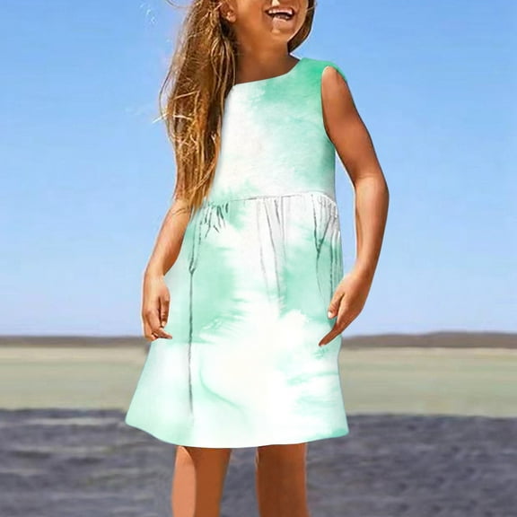 July 4Th Girls Holiday Dress Size 8 Girls' Summer Sleeveless A Line Dress Stretchy Comfort Round Neck Casual with Gradient Print for Toddler Kids Beach & Outdoor Activities