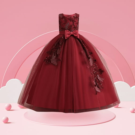 July 4Th Red Dress for Girls Long Sleeve 10-12 New Children's Dress Princess Dress Big Children's Sequins and Ground Long Dress Piano Performance Dress