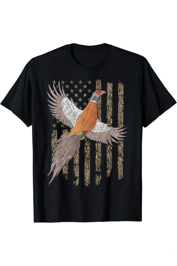 Pheasant Bird Hunting Usa American Flag Tree Camouflage T-Shirt Everyday Essential Classic Print Round Neck Short Sleeve Cotton T-shirt for Men