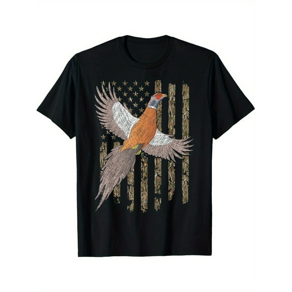 Pheasant Bird Hunting Usa American Flag Tree Camouflage T-Shirt Everyday Essential Classic Print Round Neck Short Sleeve Cotton T-shirt for Men