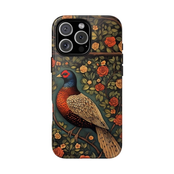 Pheasant Bird Red White Floral Vines Nature Artistic Protective Phone Case with iPhone 11 to 17 Pro Max