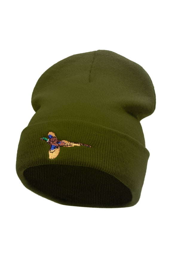 Pheasant Embroidered 12 Inch Long Knitted Beanie - Olive OSFM
