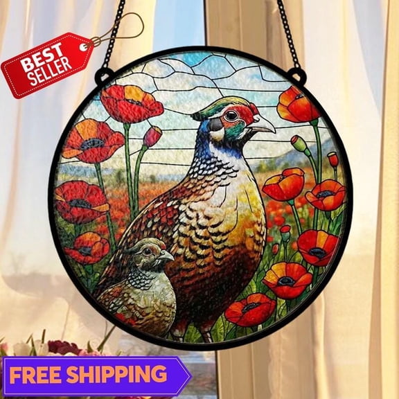 Pheasant Pair Suncatcher, Glass-Effect Round Poppy Field Window Panel