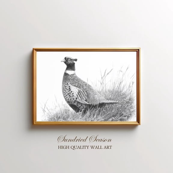 Pheasant Pencil Drawing Upland Game Bird Rustic Wildlife Hunting Lodge, Unframed Paper Poster 8x10in