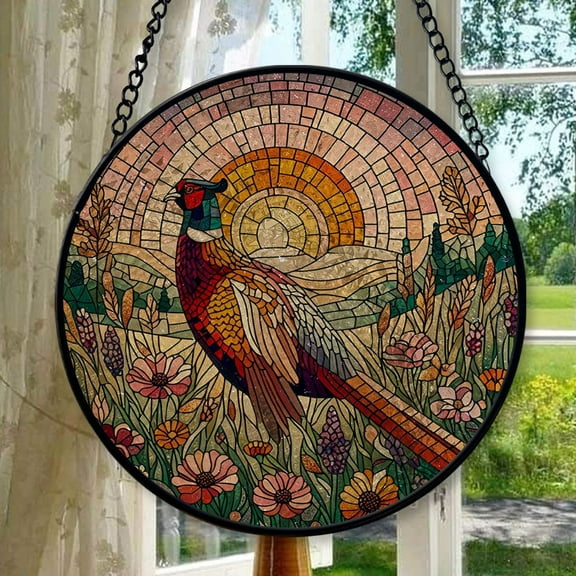 Pheasant among wildflower field GLASS Hanging, Bird Lover Decor, Bird Nerd, Pheasant suncatcher, Bird Suncatcher Decor, sunset suncatcher, Stained Glass Ornament 2025, Holiday