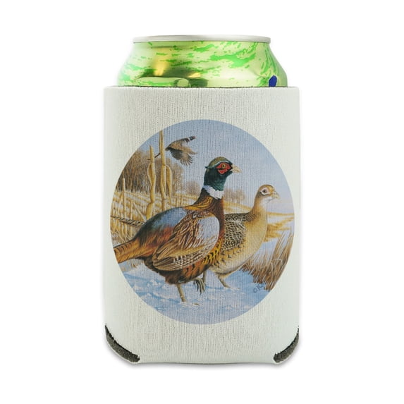Pheasants in the Snowy Farm Field Can Cooler - Drink Sleeve Hugger Collapsible Insulator - Beverage Insulated Holder