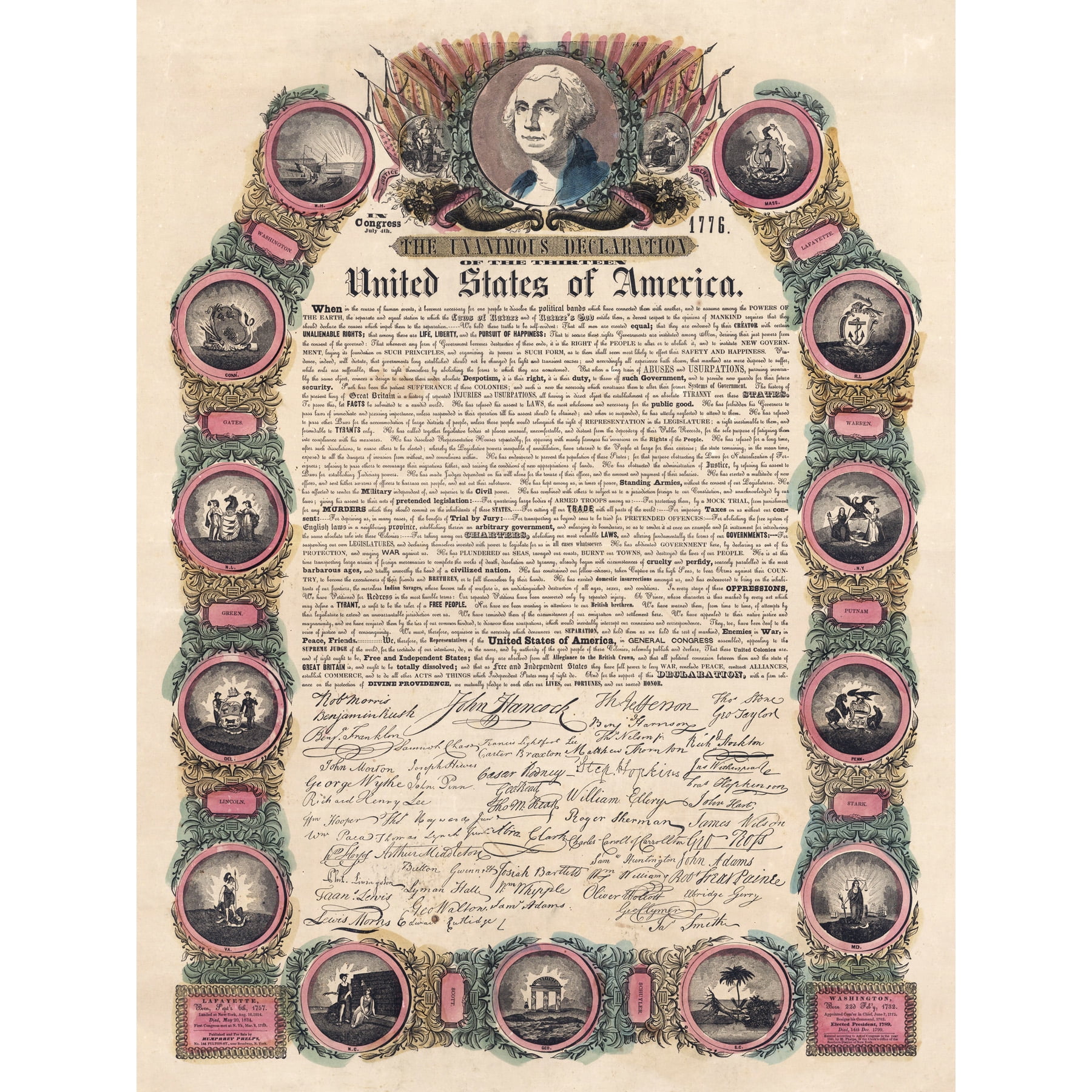 Phelps 1845 USA Declaration Independence 1776 Pictorial Extra Large XL ...