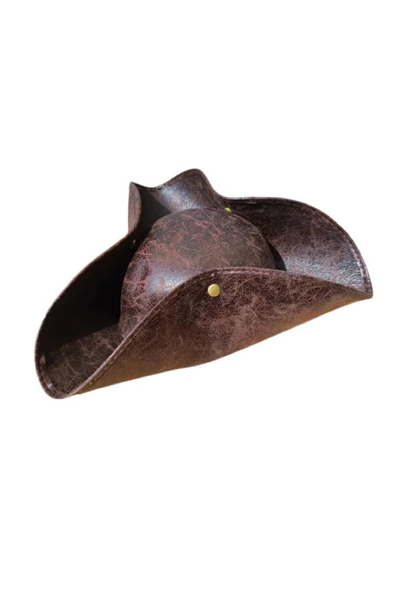 Adult Faux Leather Pirate Hat,Brown Distressed Colonial Style Tricorne Hat,Halloween Pirate Role Play Props