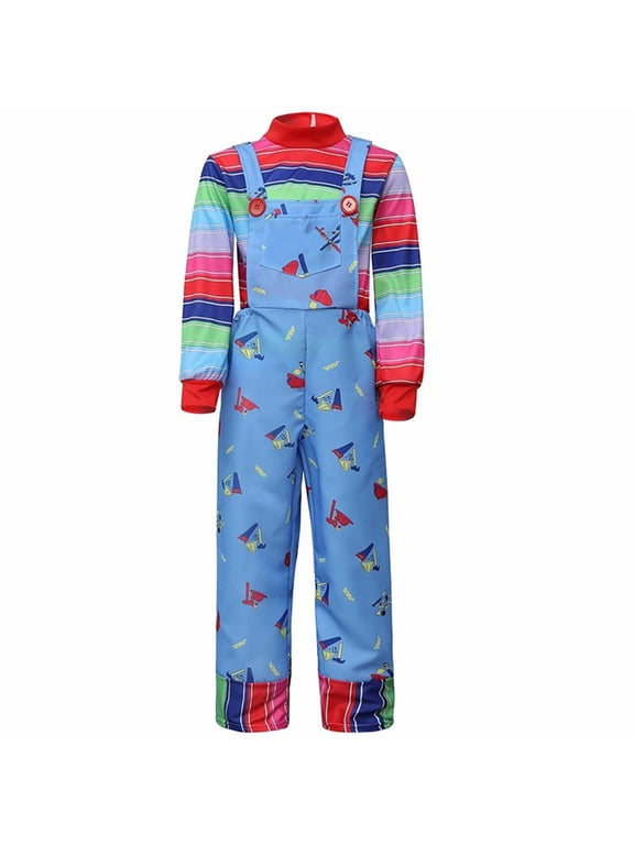 Kids Evil Doll Costume Red Blue Striped Jumpsuit Halloween Spooky Cosplay Suit