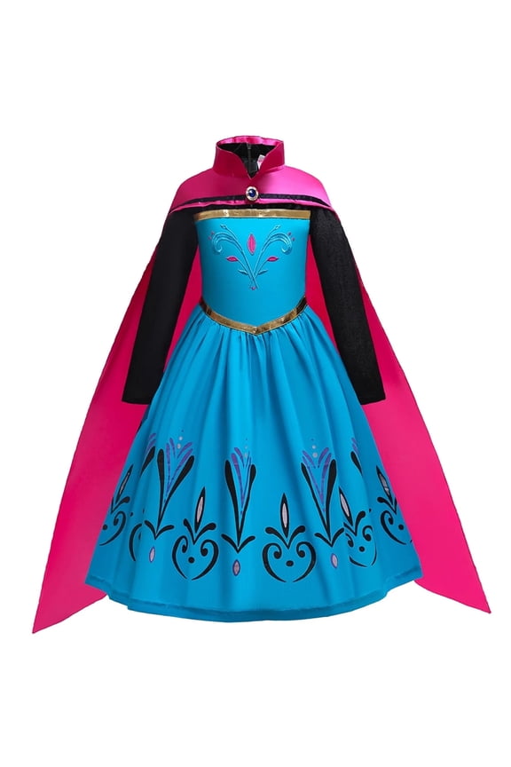 Girls Winter Princess Costume Dress with Cape Tiara Wand Full Accessory Set, Long Sleeve Party Gown for Halloween Birthday, Size 2-13