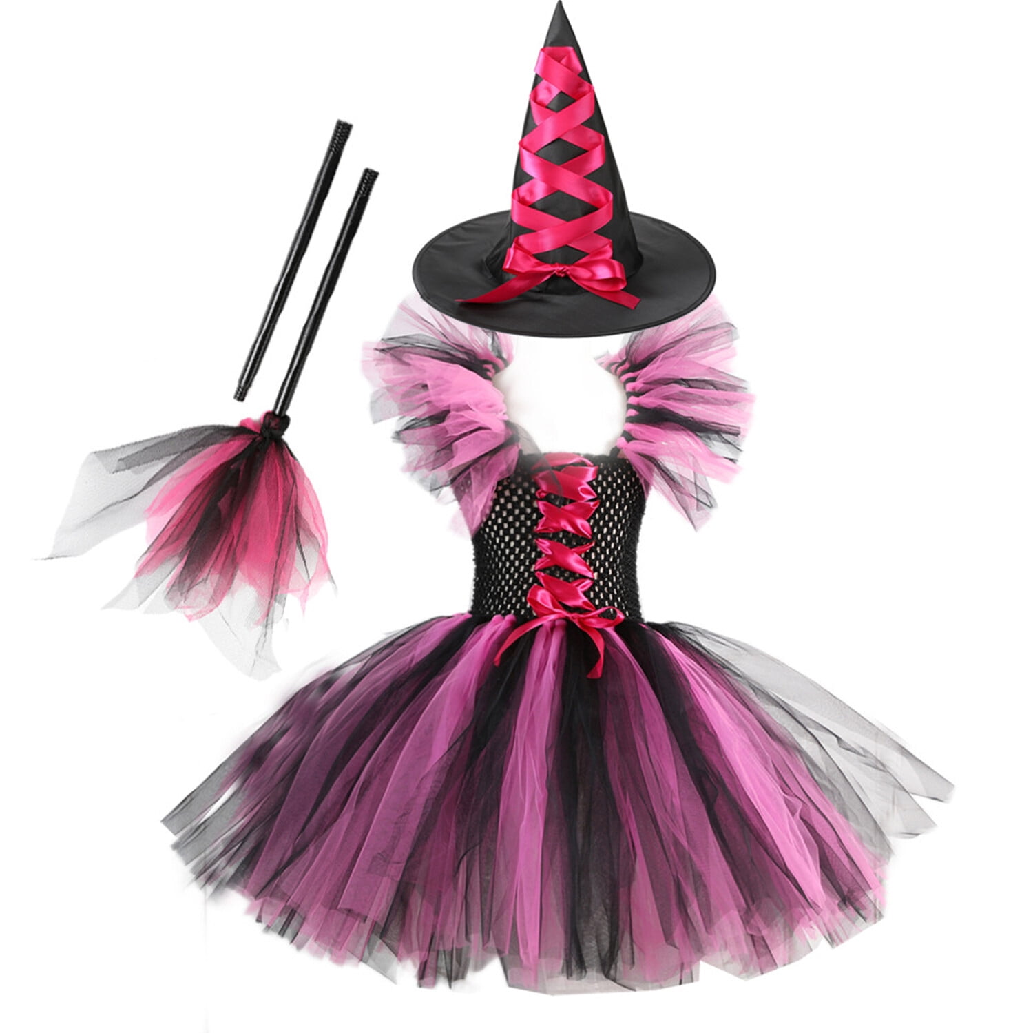 Girls Witch Halloween Costume Set With Hat & Broom - Witch Dress For Kids, Trick Or Treat Outfit For Theme Parties & Cosplay - View #5