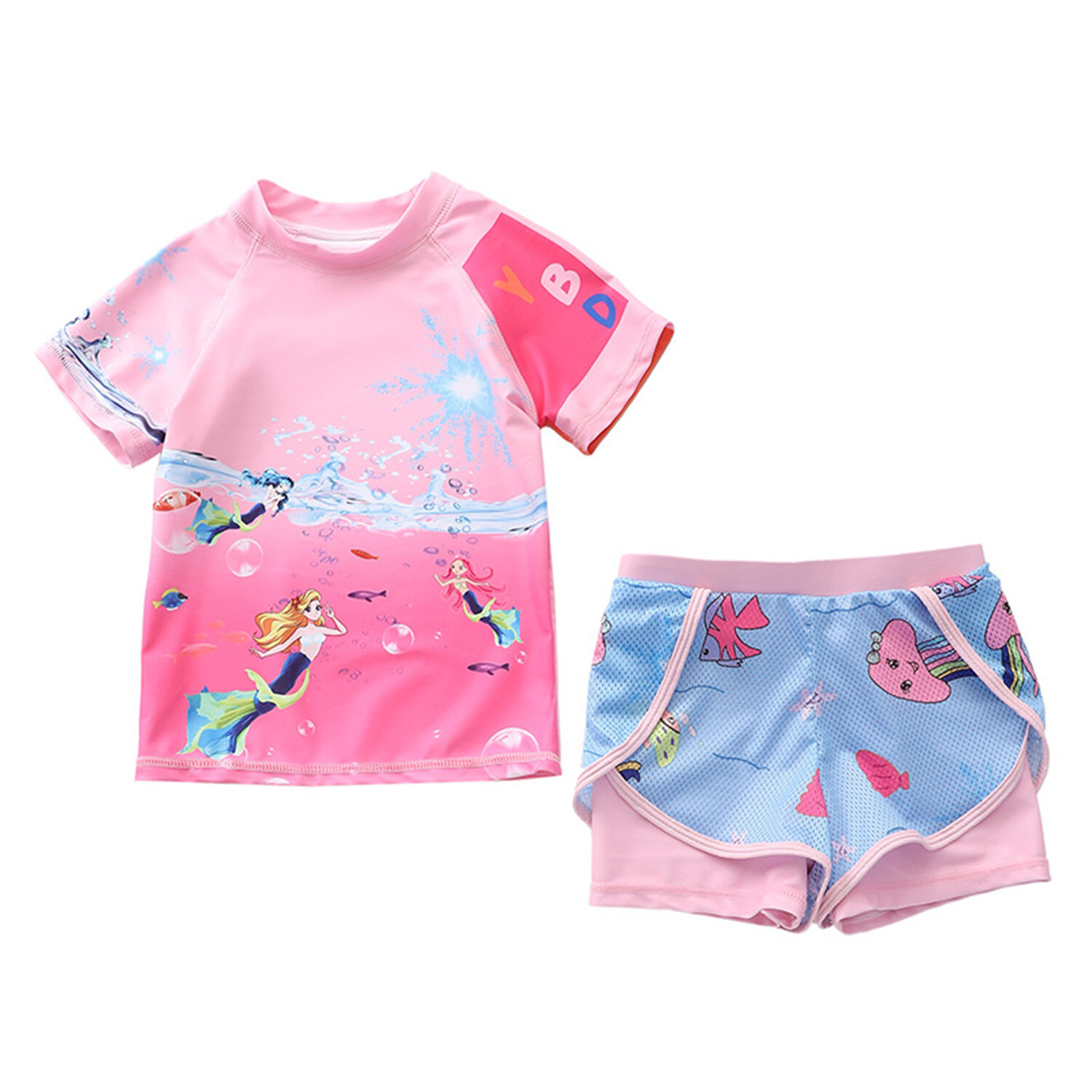 Phenas Girls Swimsuits Two Piece Rash Guard Set Short Sleeve Bathing