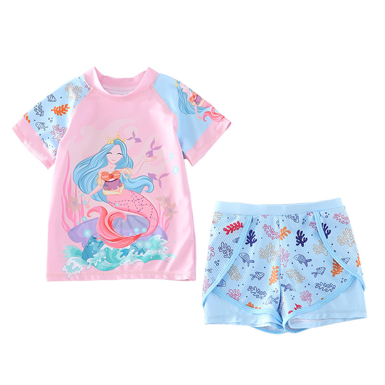 Phenas Girls Swimsuits Two Piece Rash Guard Set Short Sleeve Bathing