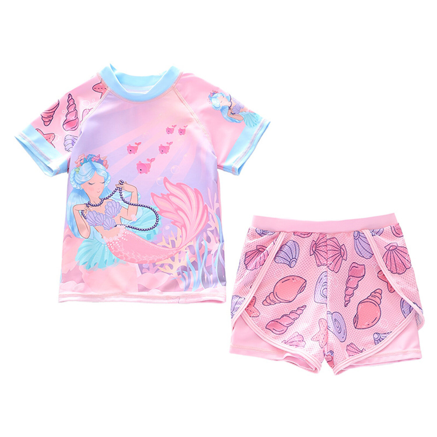 Phenas Girls Swimsuits Two Piece Rash Guard Set Short Sleeve Bathing