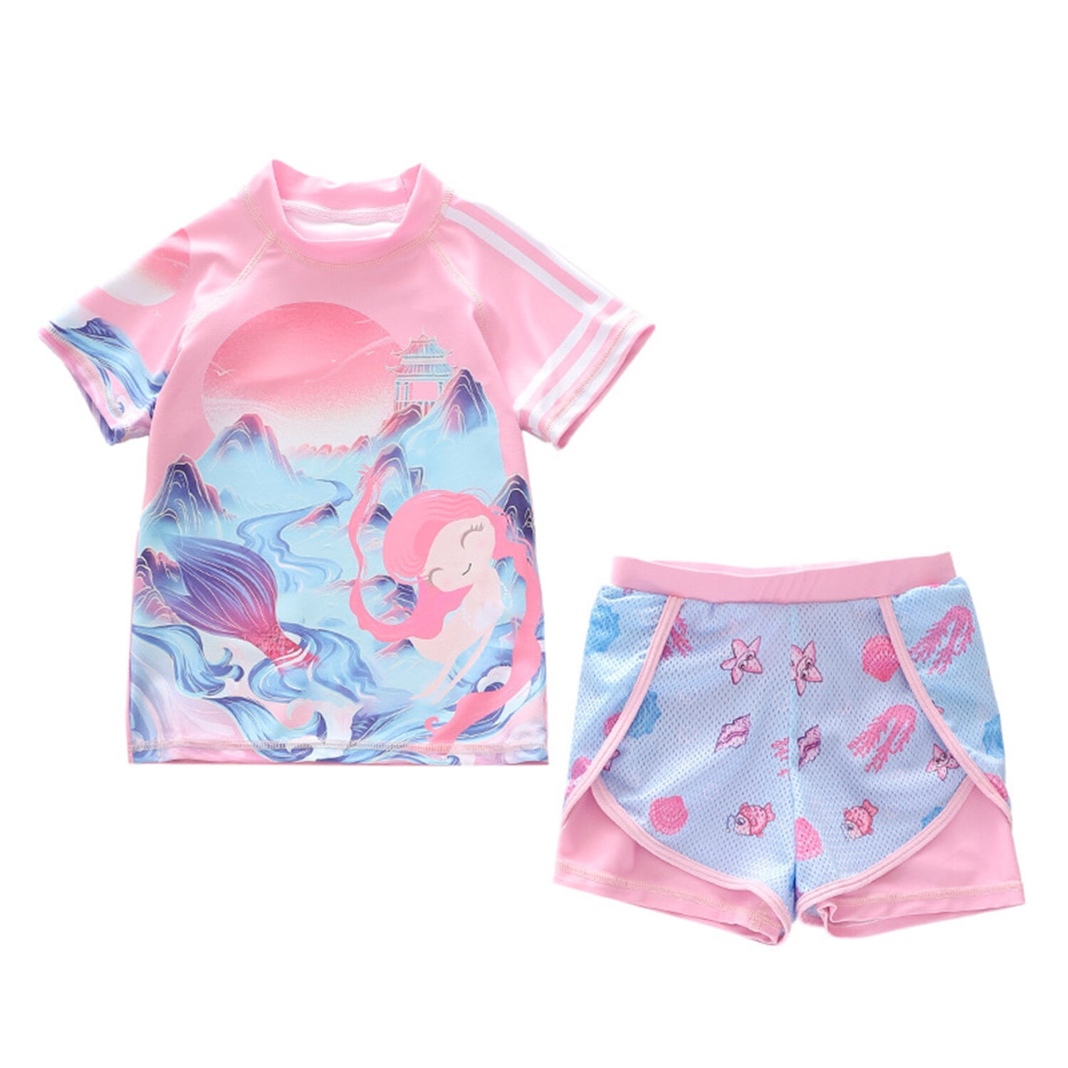 Phenas Girls Swimsuits Two Piece Rash Guard Set Short Sleeve Bathing