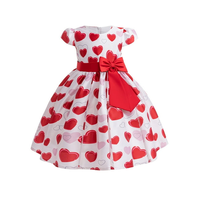 Phenas Girls Valentine's Day Dress Kids Red Love and Heart Short Sleeve