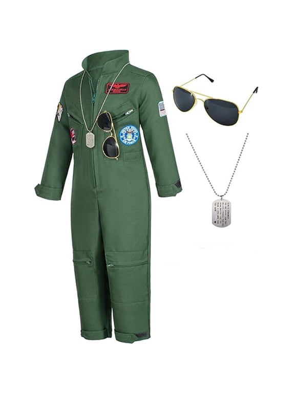Kids Fighter Pilot Costume - Air Force Flight Suit Roleplay Dress Up with Aviator Accessories for Girls Boys