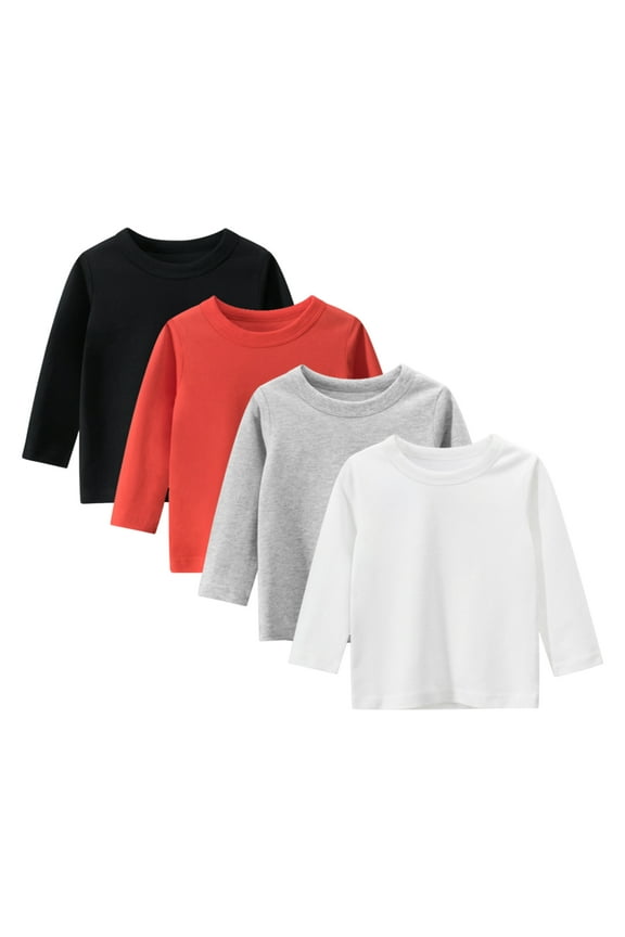 Toddler Boys 4 Packs Long Sleeve Shirts,100% Cotton Casual Crewneck Basic T-Shirt 2-7T