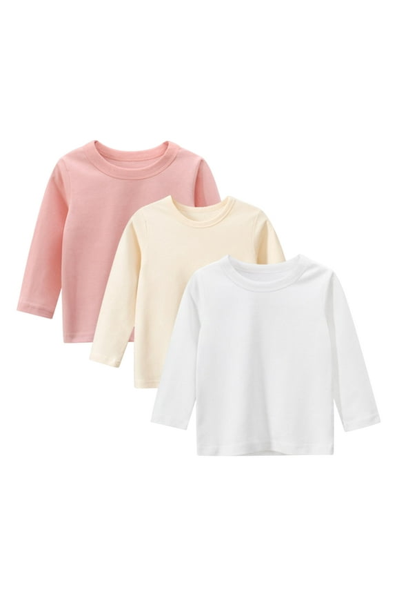 Toddler Girls 3 Packs Long Sleeve Shirts,100% Cotton Casual Crewneck Basic T-Shirt 2-7T