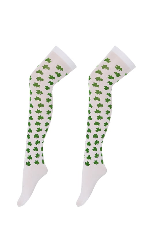 1 Pair Socks Shamrock Over The Knee Cylindrical Green White For Patricks Day Events