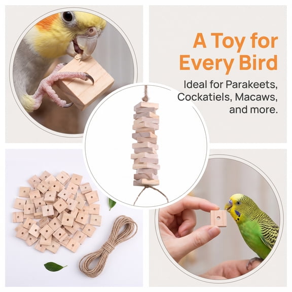 Phenofice 100Pcs Light Yellow Wooden Parrot Chewing Blocks for Bird Cage Hanging and DIY Crafts
