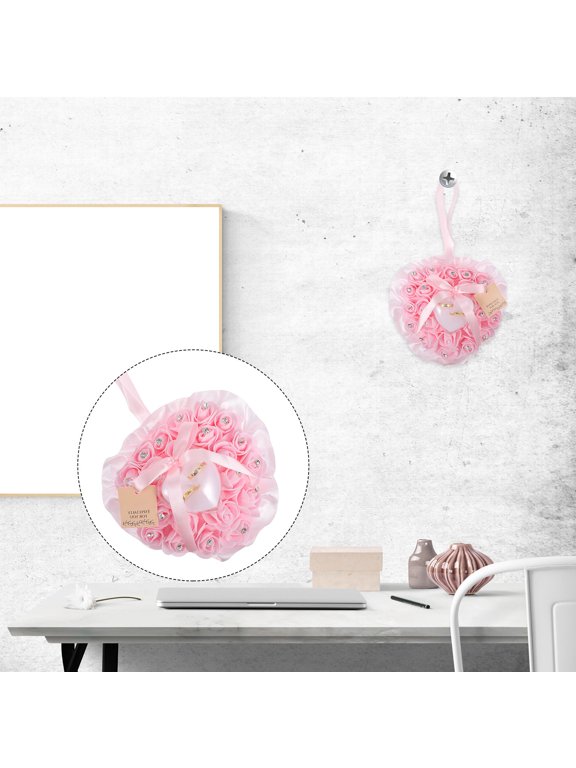Elegant Pink Wedding Ring Cushion Case with Rhinestone and Flower Decor 1Pc