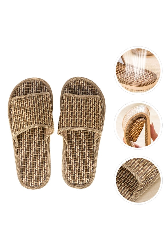 Comfortable Khaki Bamboo Slippers Flat Open Toe Weave Sandals for Home