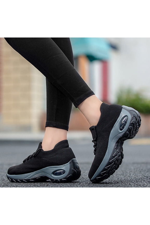 1Pair Practical Black Running Sneakers with Durable Breathable Mesh and Thick Bounce Sole