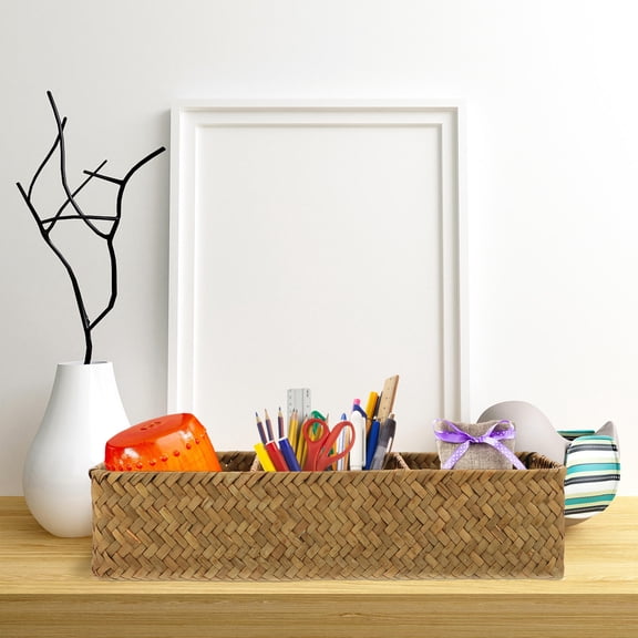 Phenofice 1Pc Home Woven Organizer Storage Box in Yellow with Three Section Design