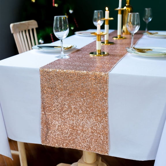 Phenofice 1Pcs Luxurious Glitter Sequin Table Runner Rose Gold Cloth for Buffet Table Decor 30x108in