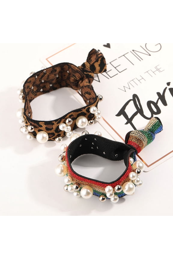 Assorted Color Leopard Print Hair Ties with Pearls Stylish Accessory 2Pcs