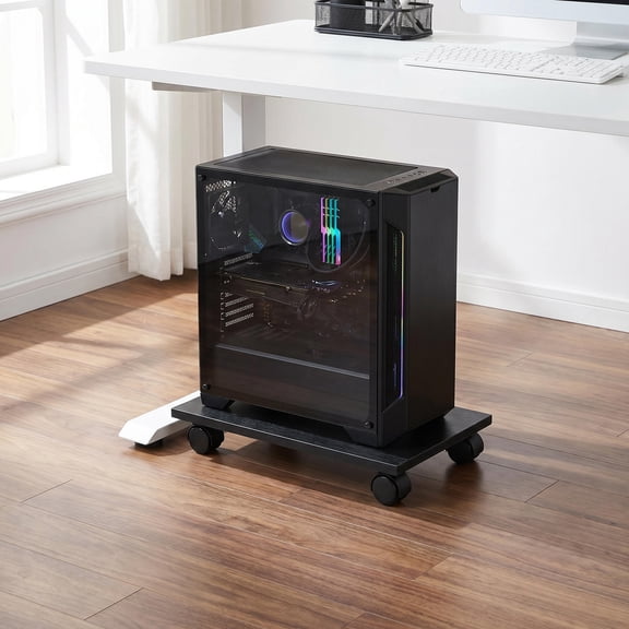 Phenofice computer tower holder Sturdy Black Wood with Locking Swivel Wheels Rolling Platform 2 Pcs