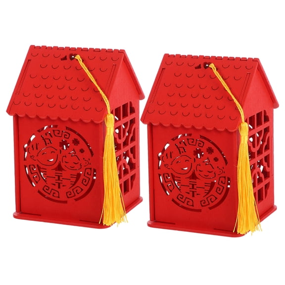 Phenofice 2-Piece Chinese Style Red Wooden Hollow Candy Boxes with Tassels, Wedding Favor Storage Containers for Party Decor