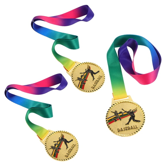 Phenofice 3Pcs Plated Gold Medal Sports Baseball Awards with Neck Ribbon for Tournament and Event Recognition