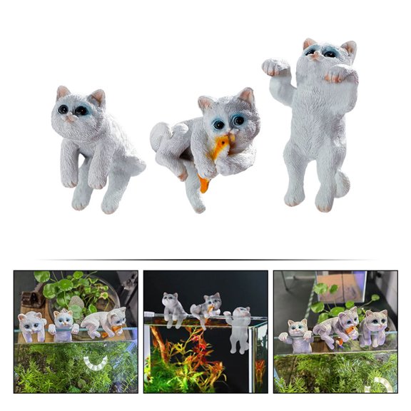Phenofice 3-Piece Small Light Gray Cat Resin Ornaments, Aquarium Decor, Desktop Figurines, Home Office Shelf