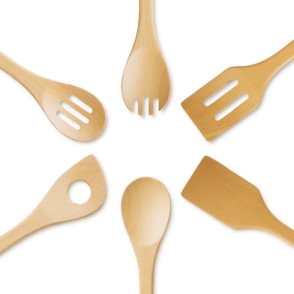 Phenofice 6Pcs Beige Wok Utensils Set Wood Spatulas and Spoons for Cooking and Serving Home Users