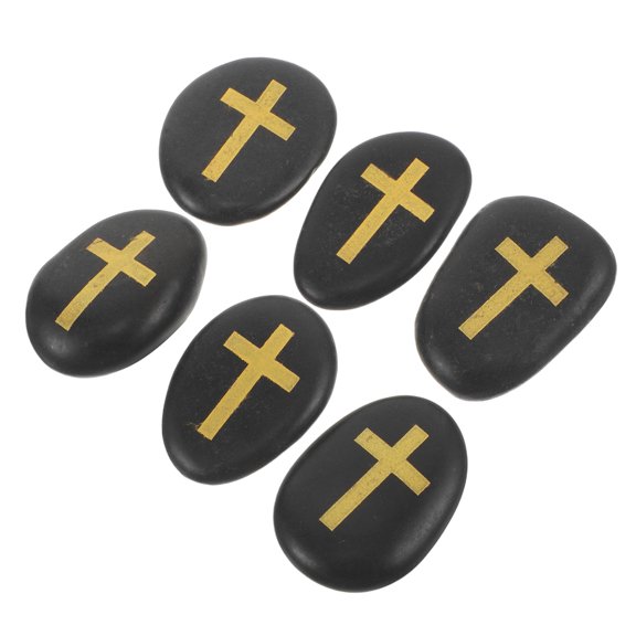 Phenofice 6Pcs Smooth Black Cross Pocket Comfort Stones Hand Engraved Inspirational Rocks