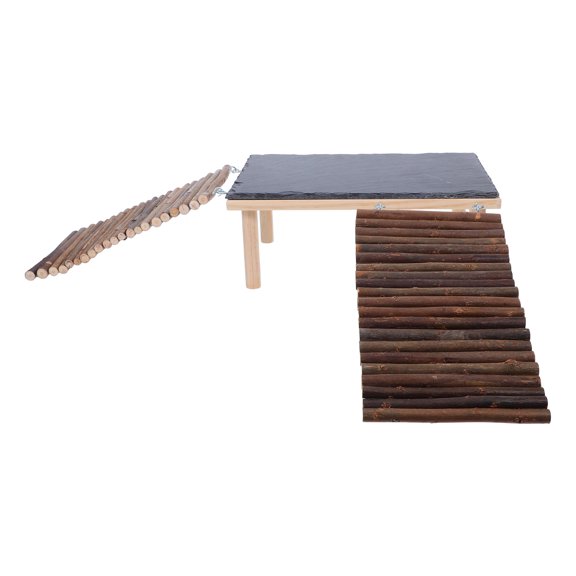 Phenofice Bearded Dragon Basking Platform with Wooden Ramp and Stone Textured Surface for Home Reptile Tanks