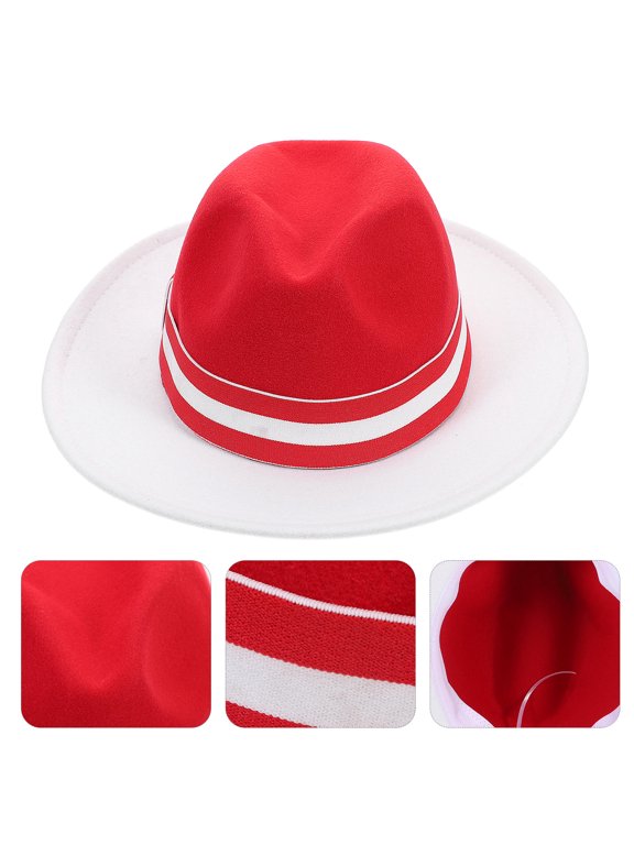 Womens Fedoras Jazz Hat Red and White Woolen 1Set