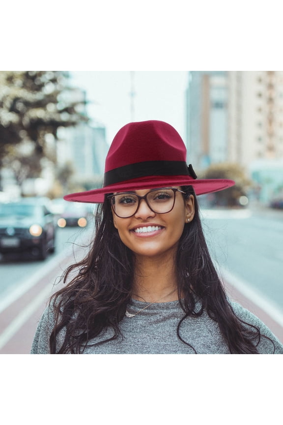 Dark Red Wide Brim Cap with Bowknot Satin Unisex Felt Jazz Hat for Special Occasions