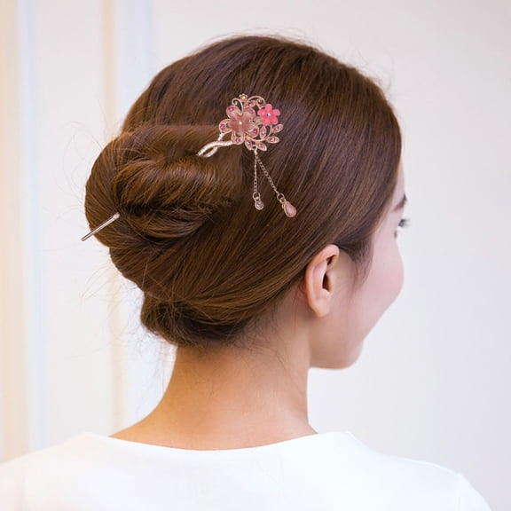 Phenofice Decorative Pink Chignon Hairpin with Double Flower Tassel for Elegant Hairstyles