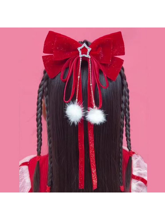 Red Bow Hair Clip with Pom Pom for Elegant and Charming Style