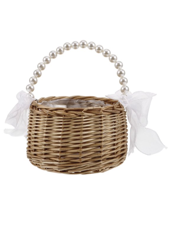 Light Brown Wicker Tote Basket with Bow and Pearls for Casual Daily Use
