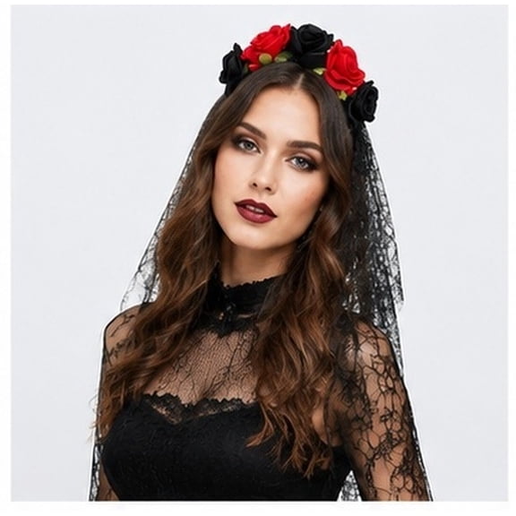 Phenofice Party Flower Headband Black Rose with Veil for Day of The Dead Events