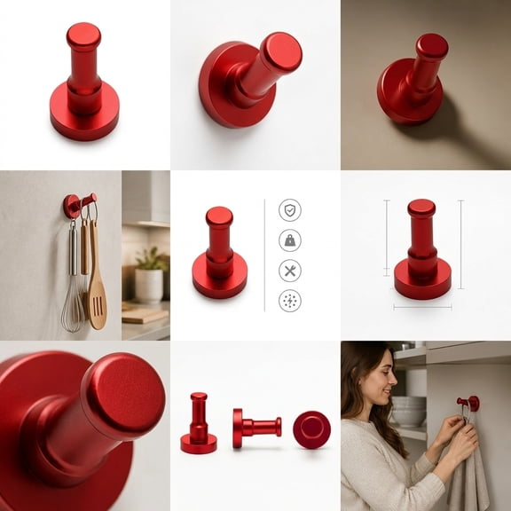 Phenofice Red Round Wall Hooks Space Aluminum Coat Hook for Bedroom Bathroom Kitchen