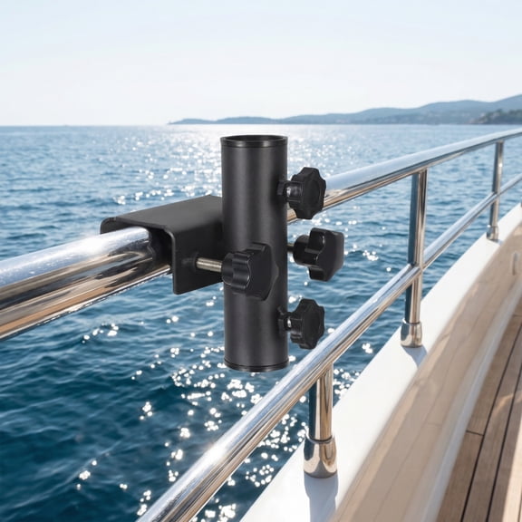 Phenofice Space Saving Black Metal Clamp on Patio Umbrella Holder for Deck Railing and Outdoor Use