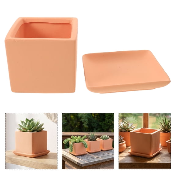Phenofice Square Ceramic Flower Pot with Saucer for Cactus and Succulents