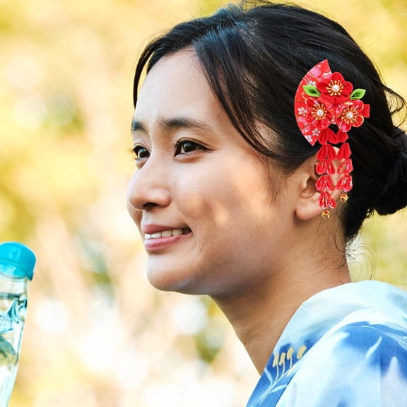 Phenofice Tassels Hairpin Flower Shape Japanese Hair Accessories Red Cloth 1 PCS for Women Weddings